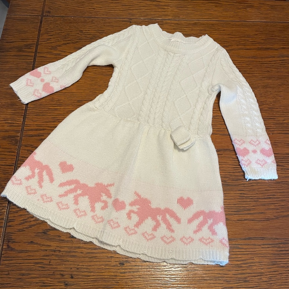 Love Squared Cream Knit Girls Dress with Pink Heart Detail